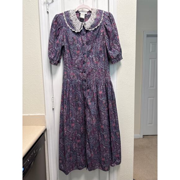 Vintage Gunne Sax Purple Paisley Puff Sleeve Crochet Cottage Maxi Dress Size 13 - Picture 3 of 10